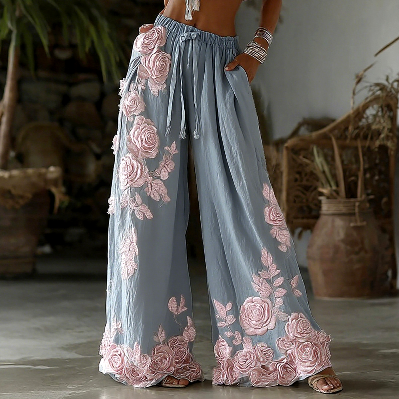 Pantalon en lin décontracté brodé floral style rétro pour femmes