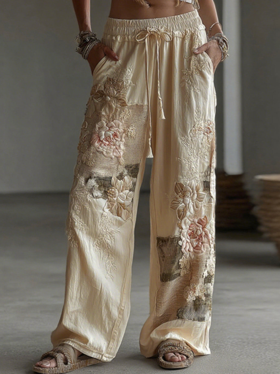 Pantalon décontracté en lin pour femme, avec patchwork floral rétro et motifs artistiques