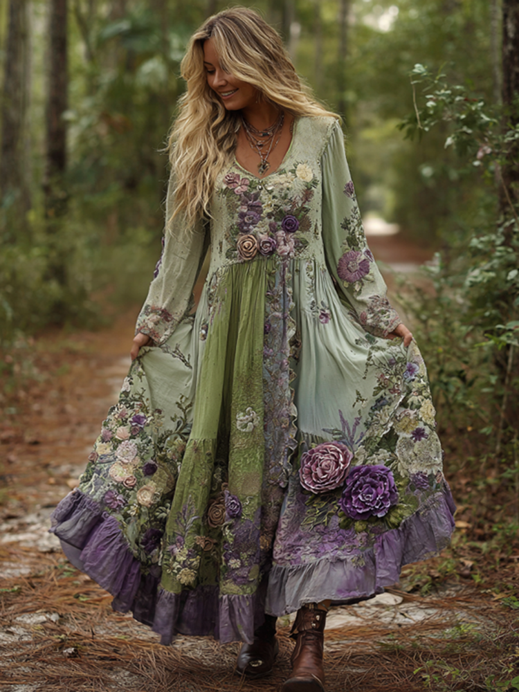 Robe longue vintage classe dégradée violette lavande et brodée de fleurs