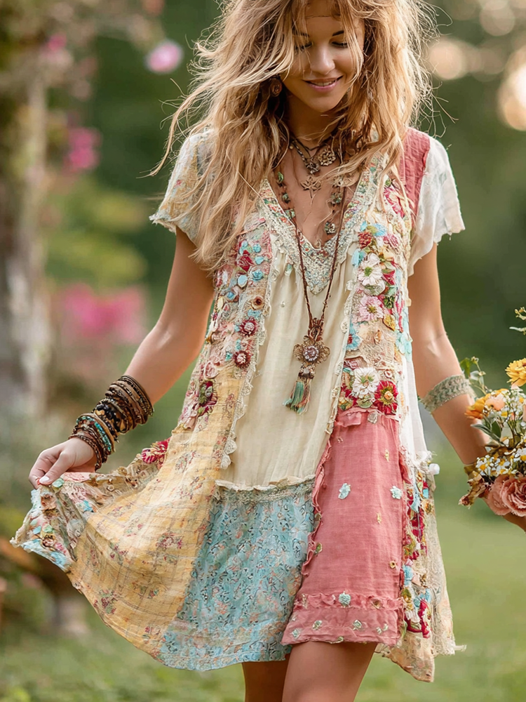Robe courte rétro en coton et lin à fleurs pour femmes