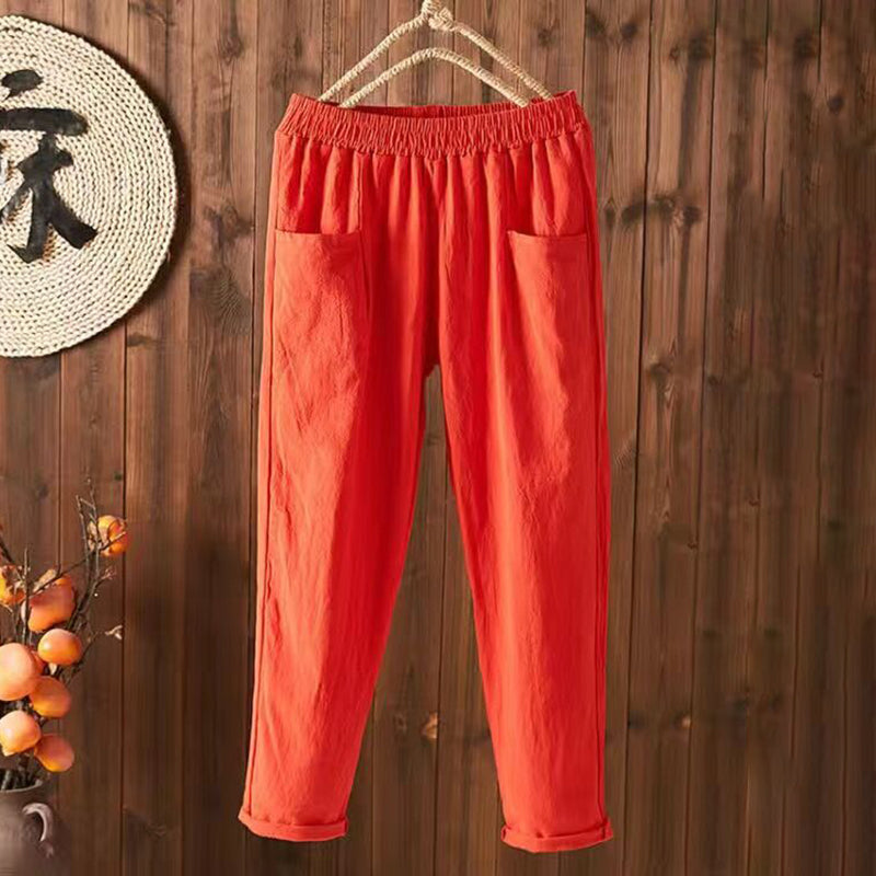 Pantalon Confortable en Coton et Lin à Poches Style Vintage