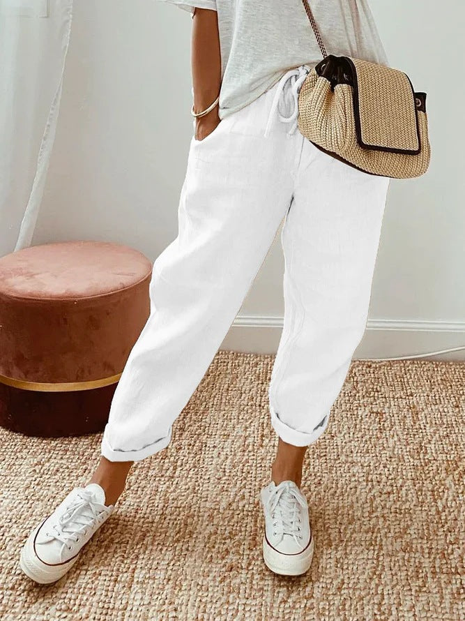Pantalon décontracté à cordon de serrage avec poches et insert de couleur unie