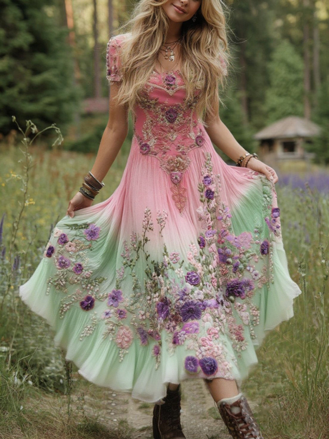 Vestito lungo elegante in lino con sfumature viola lavanda e ricamo floreale