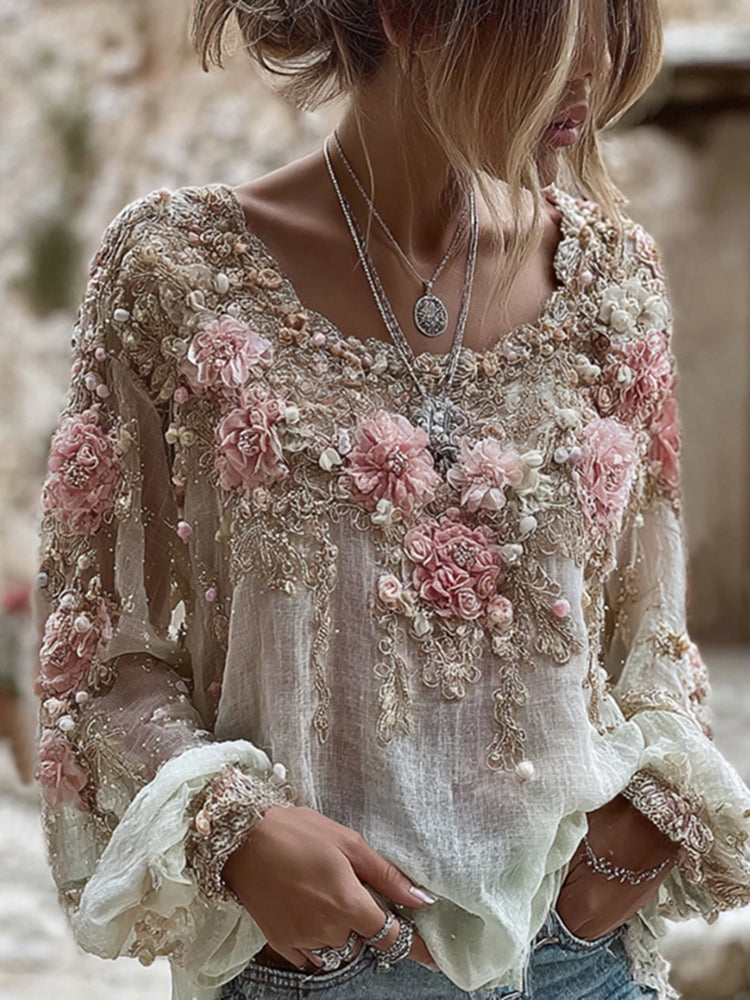 T-shirt en mélange de lin à manches longues et col rond avec broderie rose pour femme