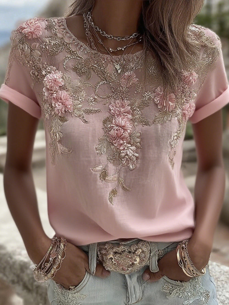 T-shirt da donna vintage in misto lino con ricamo rosa, collo rotondo e maniche corte
