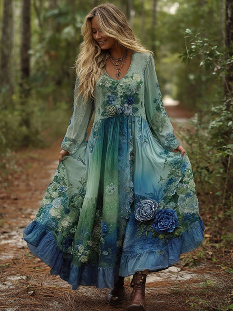Robe longue vintage classe dégradée violette lavande et brodée de fleurs