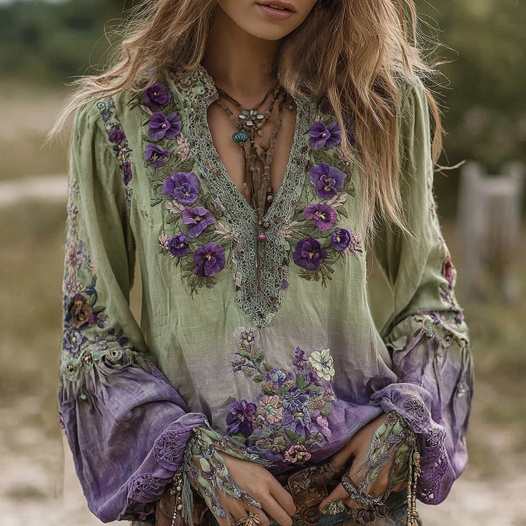 Chemisier à manches longues en lin brodé de pensées dégradées violettes, style vintage et chic