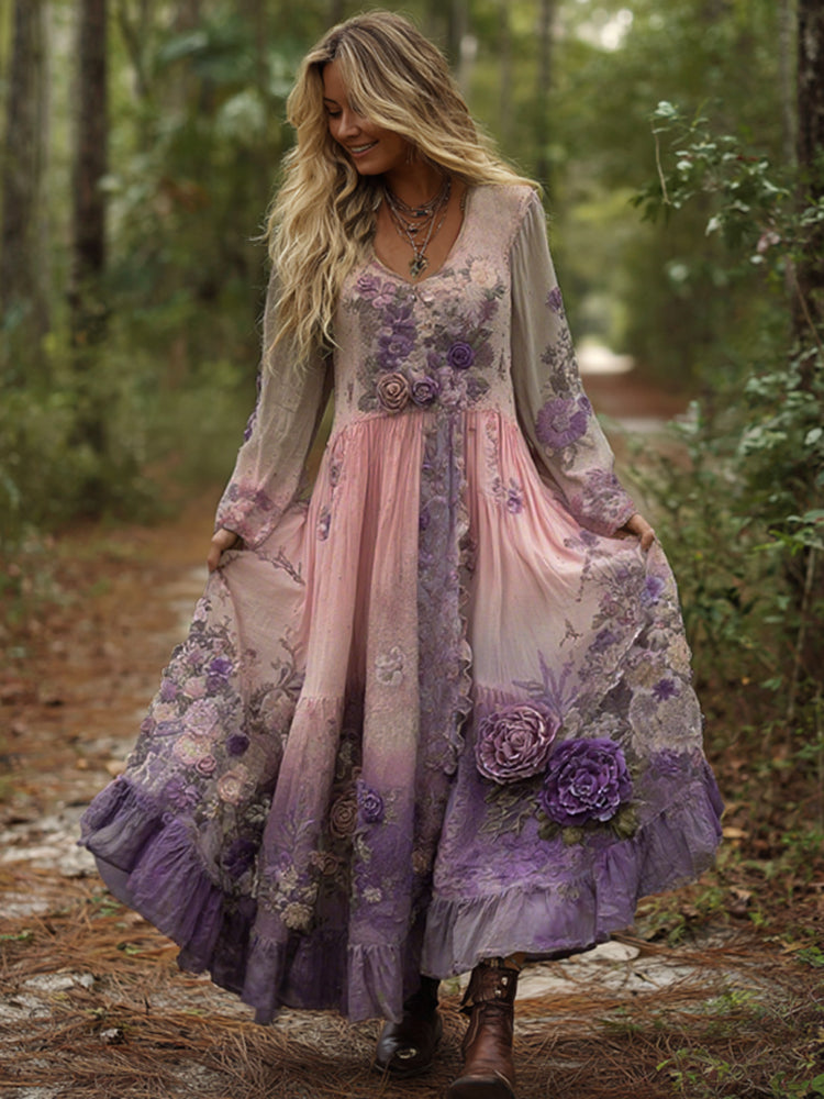 Robe longue vintage classe dégradée violette lavande et brodée de fleurs
