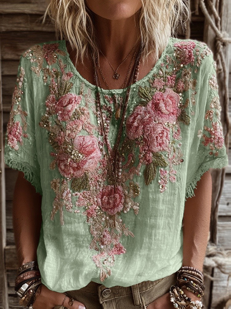 T-shirt Femme Col Rond Manches Courtes Broderie Rose Art Lin Mélangé