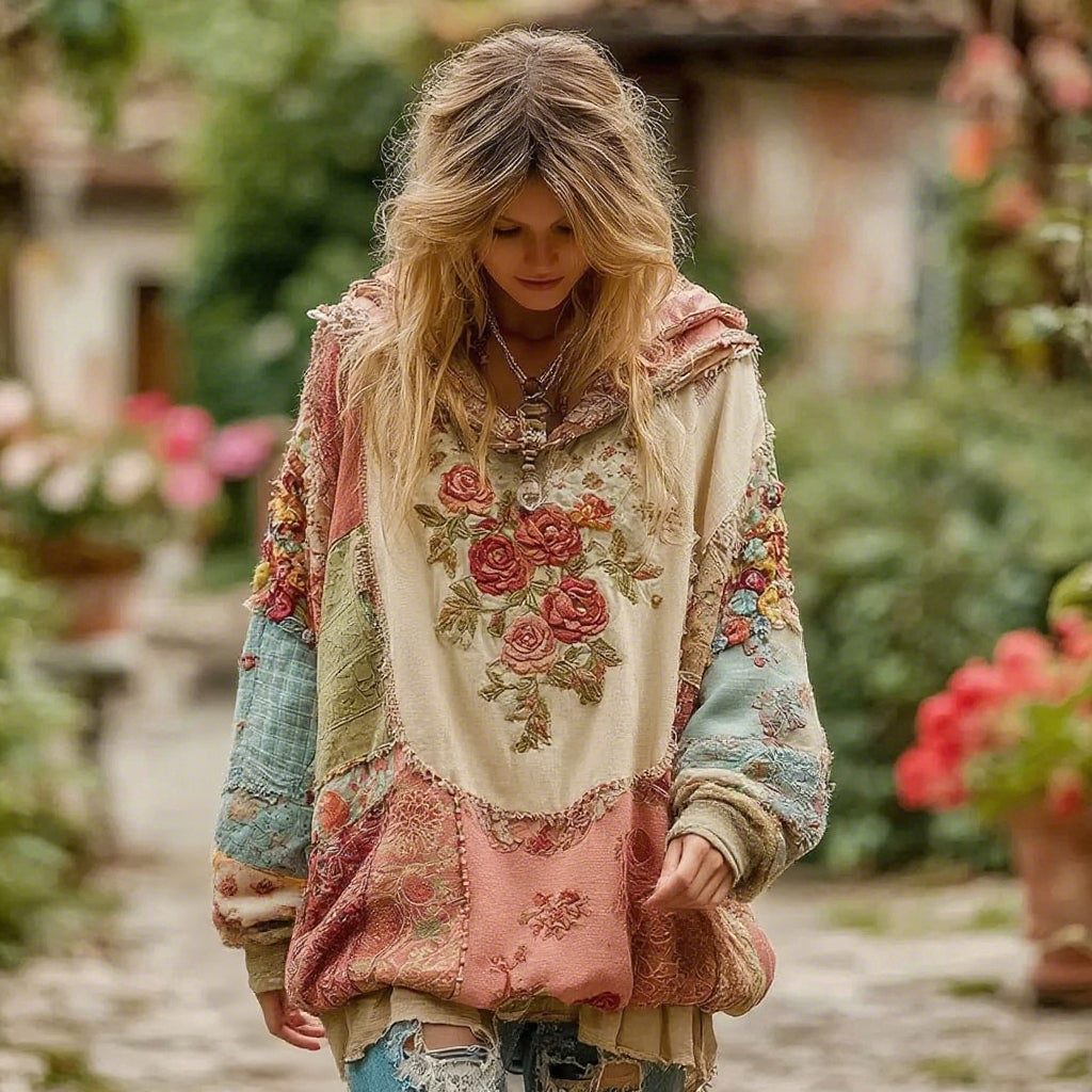 Sweat à capuche vintage à motif floral pour femme