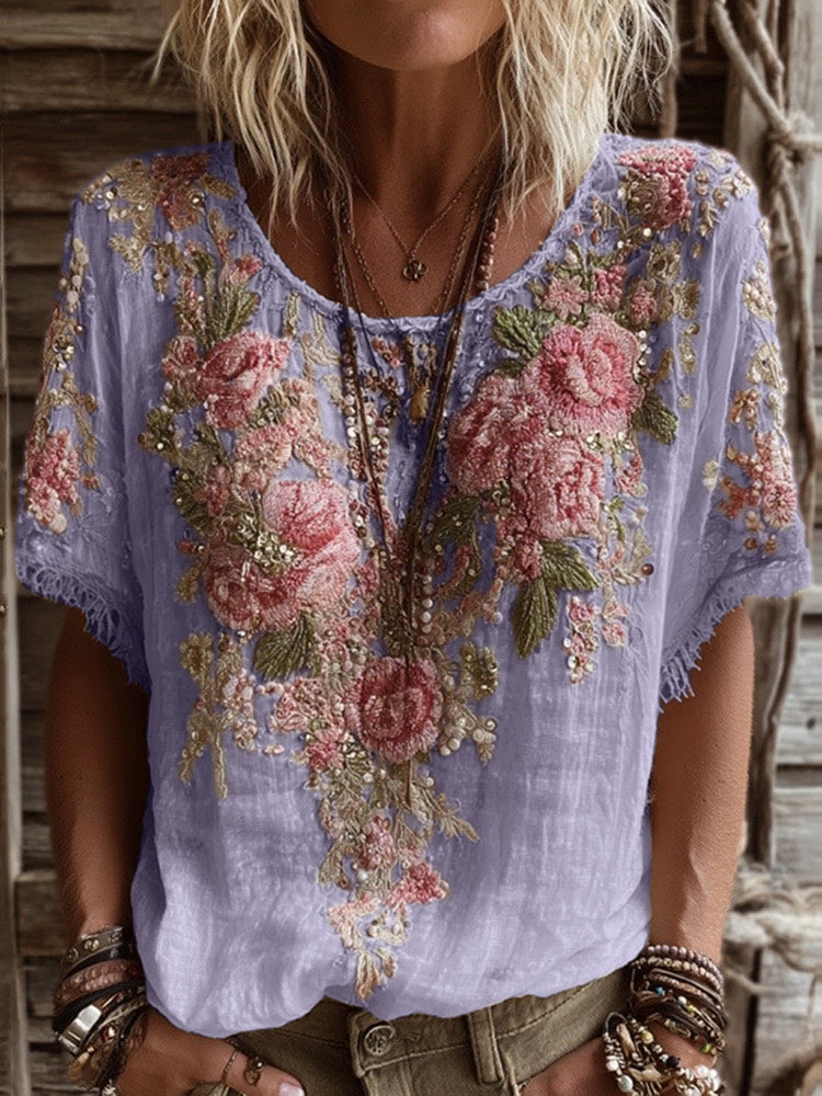 T-shirt Femme Col Rond Manches Courtes Broderie Rose Art Lin Mélangé