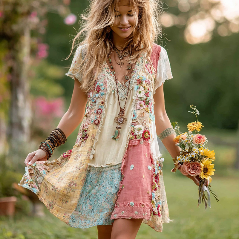 Robe courte rétro en coton et lin à fleurs pour femmes