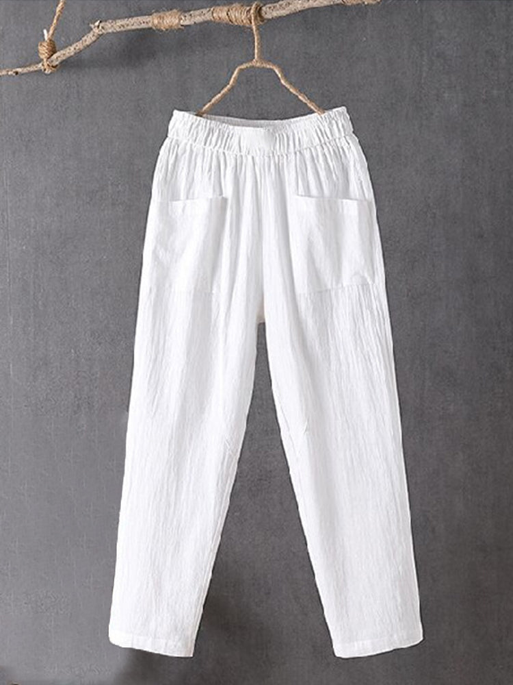 Pantalon en lin mélangé pour femme, taille élastique, design poches