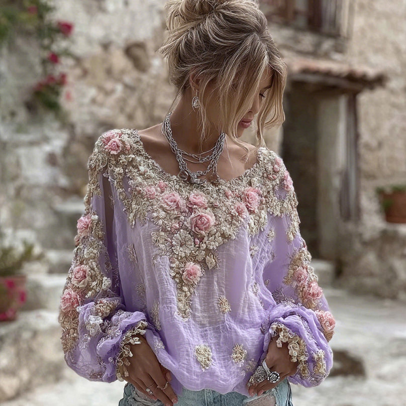 T-shirt en mélange de lin à manches longues, col rond et broderie florale rose vintage pour femme