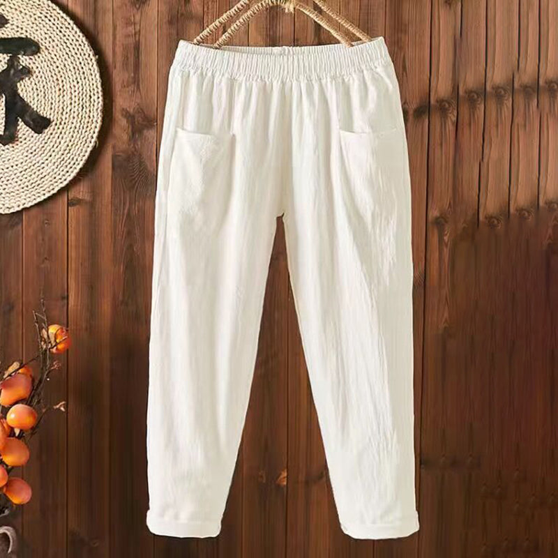 Pantalon Confortable en Coton et Lin à Poches Style Vintage