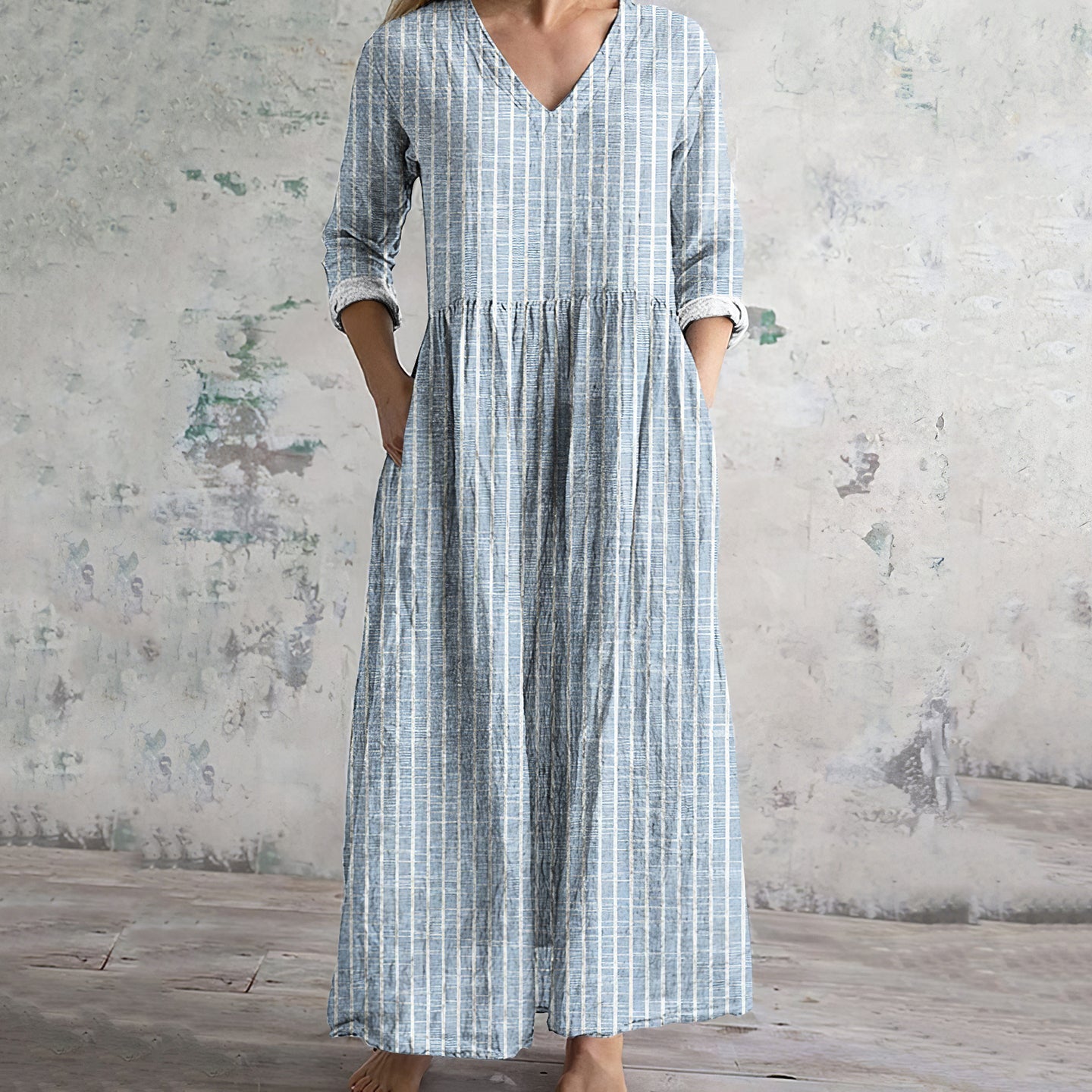 Robe en lin à motif rayé vintage pour femme