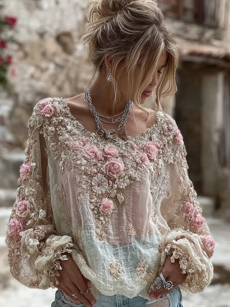 T-shirt en mélange de lin à manches longues, col rond et broderie florale rose vintage pour femme