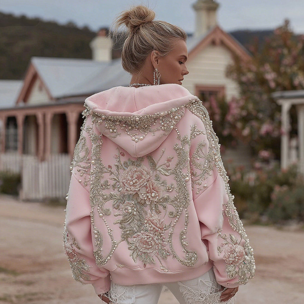 Sweat-shirt décontracté à capuche brodé floral bohème rétro pour femme