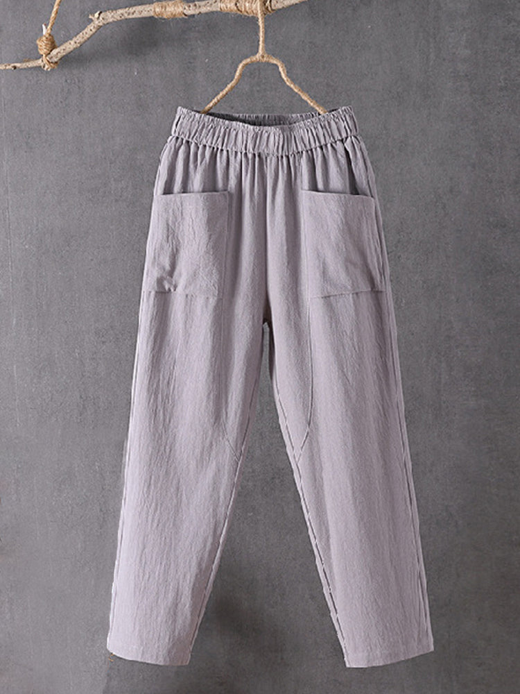 Pantalon en lin mélangé pour femme, taille élastique, design poches