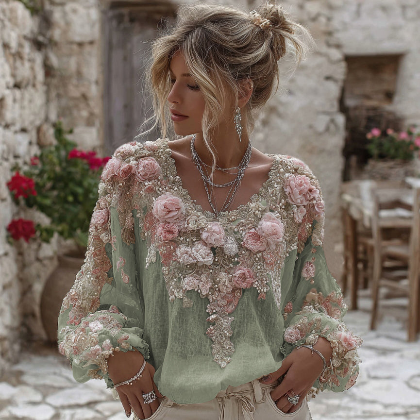 T-shirt Femme Vintage Rose Brodé Col Rond Lin Mélangé