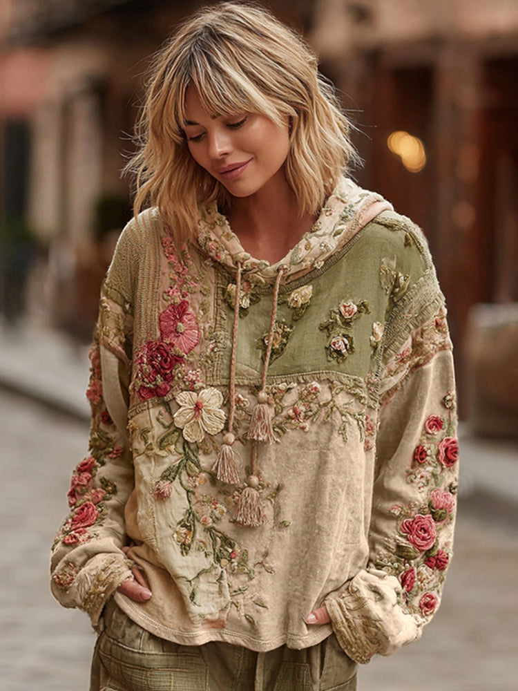 Sweat-shirt décontracté à capuche pour femme avec broderie florale et blocs de couleurs style bohème