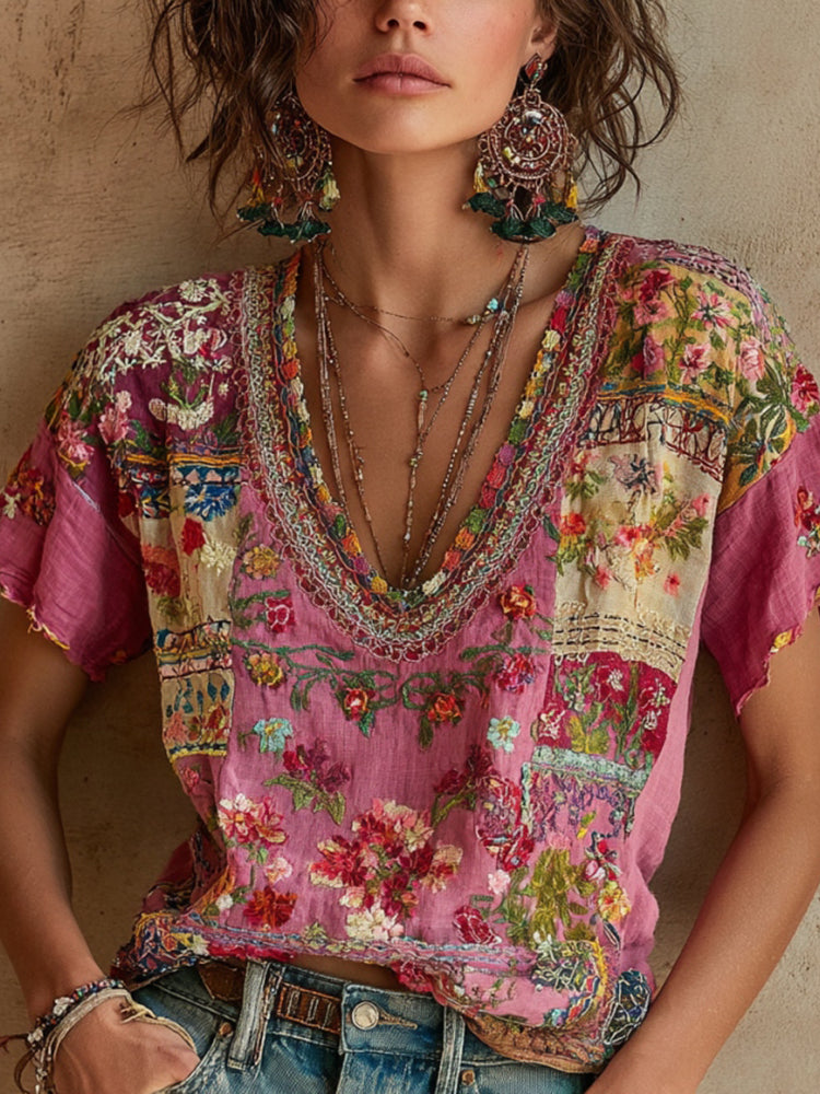 T-shirt en mélange de lin brodé floral bohème à col en V pour femme