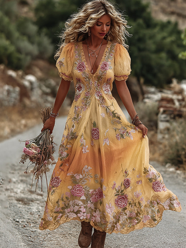 Robe longue confortable en lin ornée de broderies roses style vintage pour femme