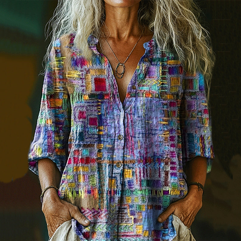 Chemise décontractée en coton et lin pour femme, style ethnique rétro, imprimé patchwork