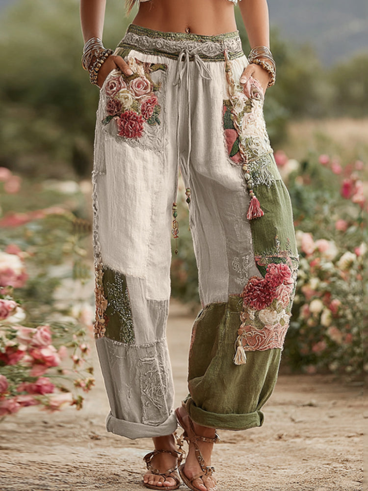 Collection Amour & Santé Pantalon en lin avec imprimé patchwork rétro roses et motifs floraux
