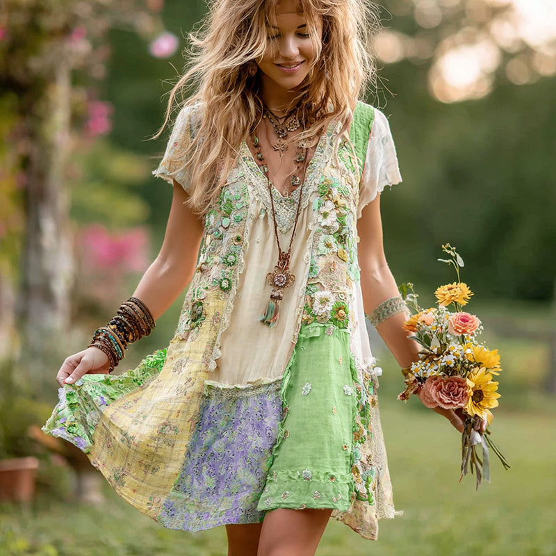 Robe courte rétro en coton et lin à fleurs pour femmes