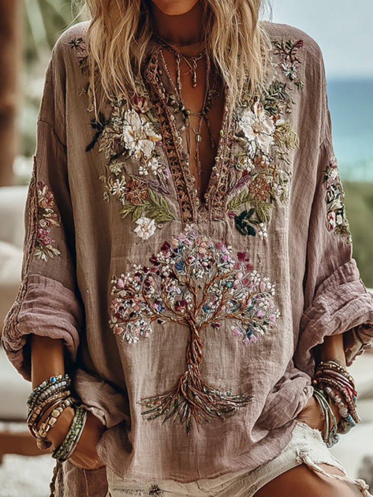 Chemisier décontracté à motif floral « Arbre de Vie tribal » pour femme