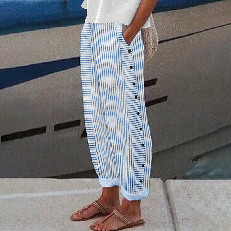Pantalon Confortable en Coton et Lin Imprimé Rayures Vintage