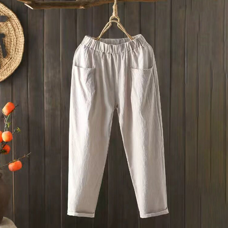 Pantalon Confortable en Coton et Lin à Poches Style Vintage