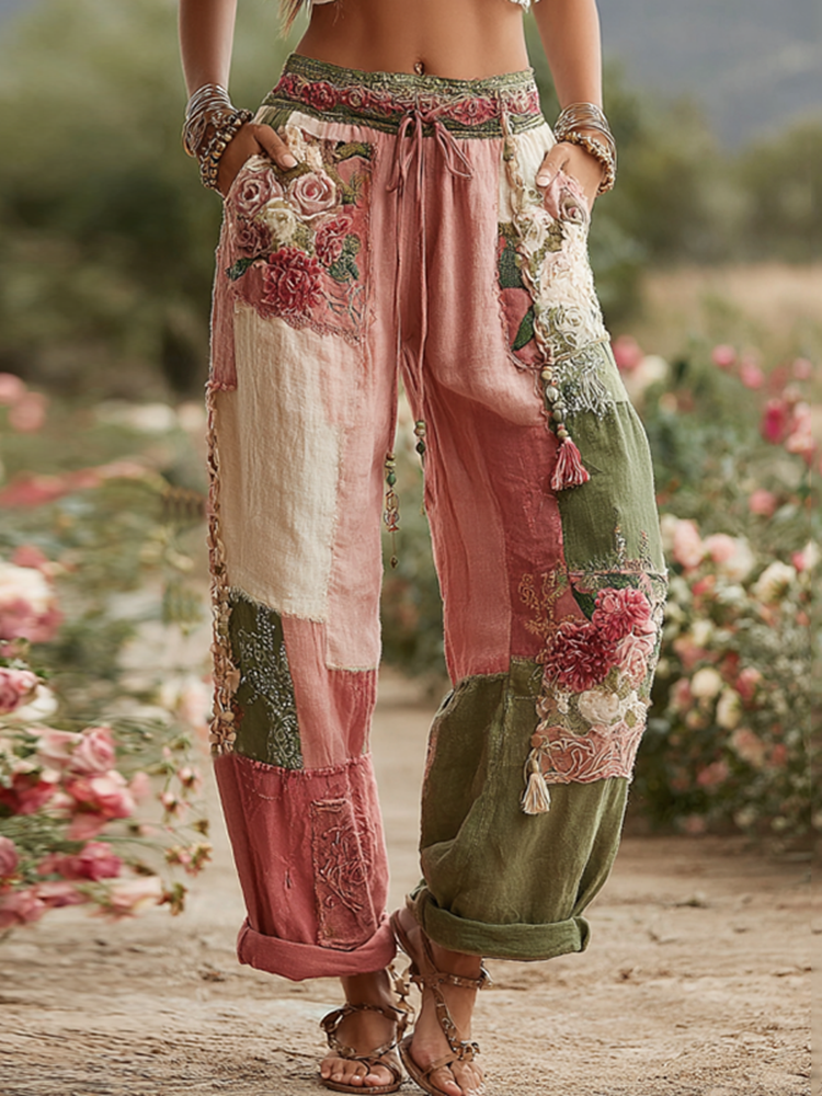 Collection Amour & Santé Pantalon en lin avec imprimé patchwork rétro roses et motifs floraux