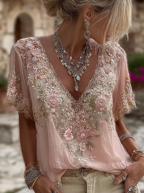 T-shirt Femme Col V Manches Courtes en Lin Mélangé Brodé de Motifs Floraux