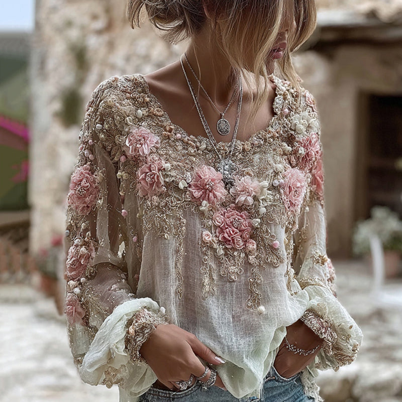 T-shirt en mélange de lin à manches longues et col rond avec broderie rose pour femme