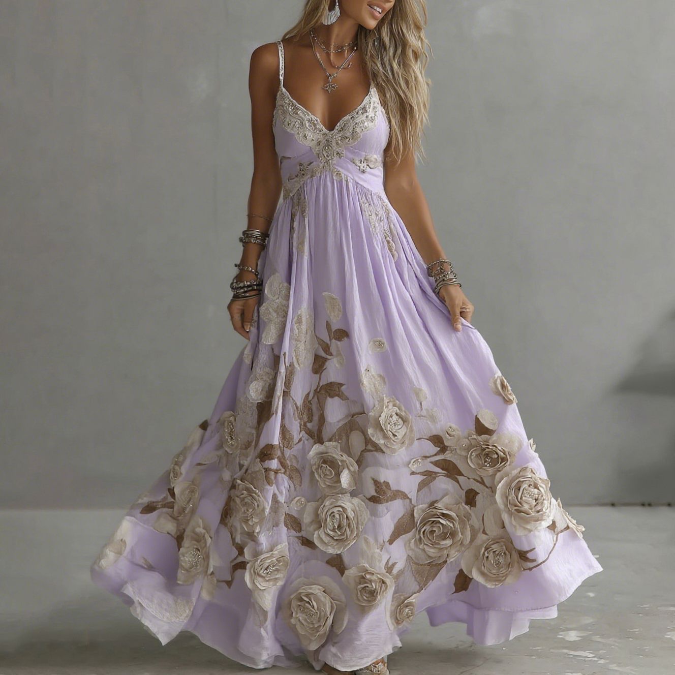 Robe longue à bretelles col en V brodée roses vintage pour femme