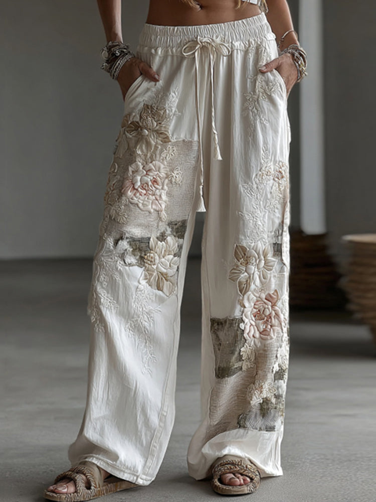 Pantalon décontracté en lin pour femme, avec patchwork floral rétro et motifs artistiques