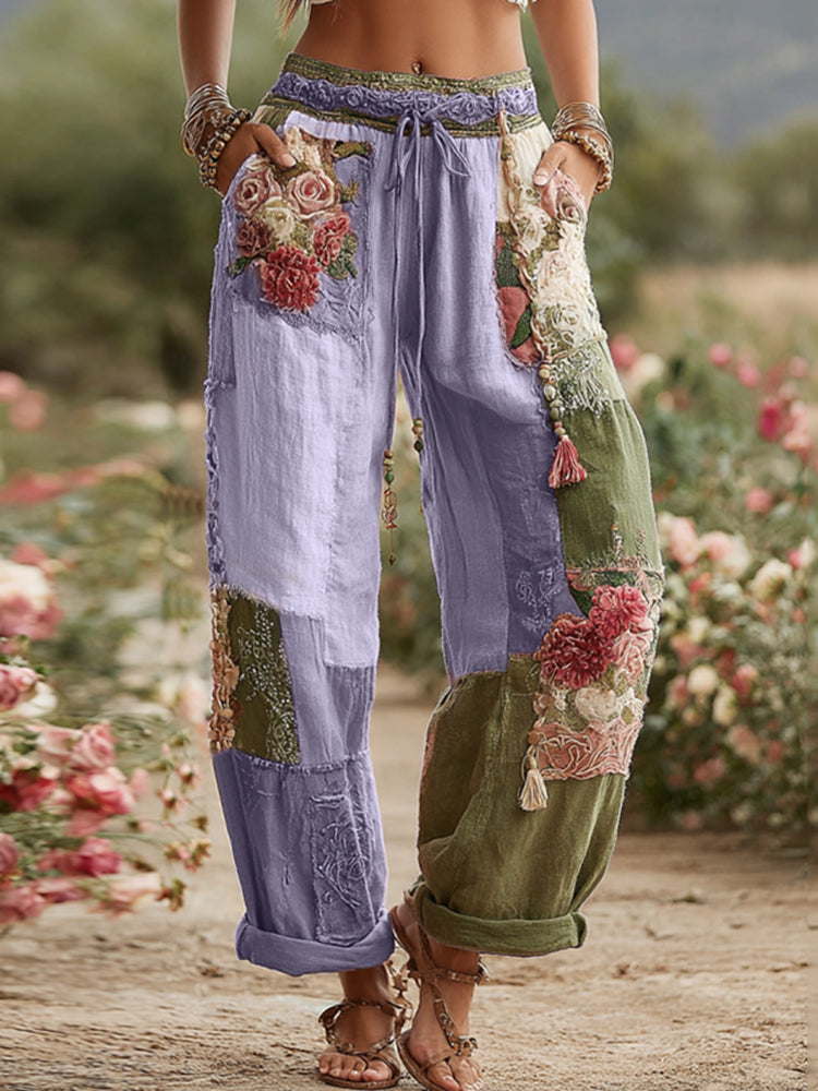 Collection Amour & Santé Pantalon en lin avec imprimé patchwork rétro roses et motifs floraux